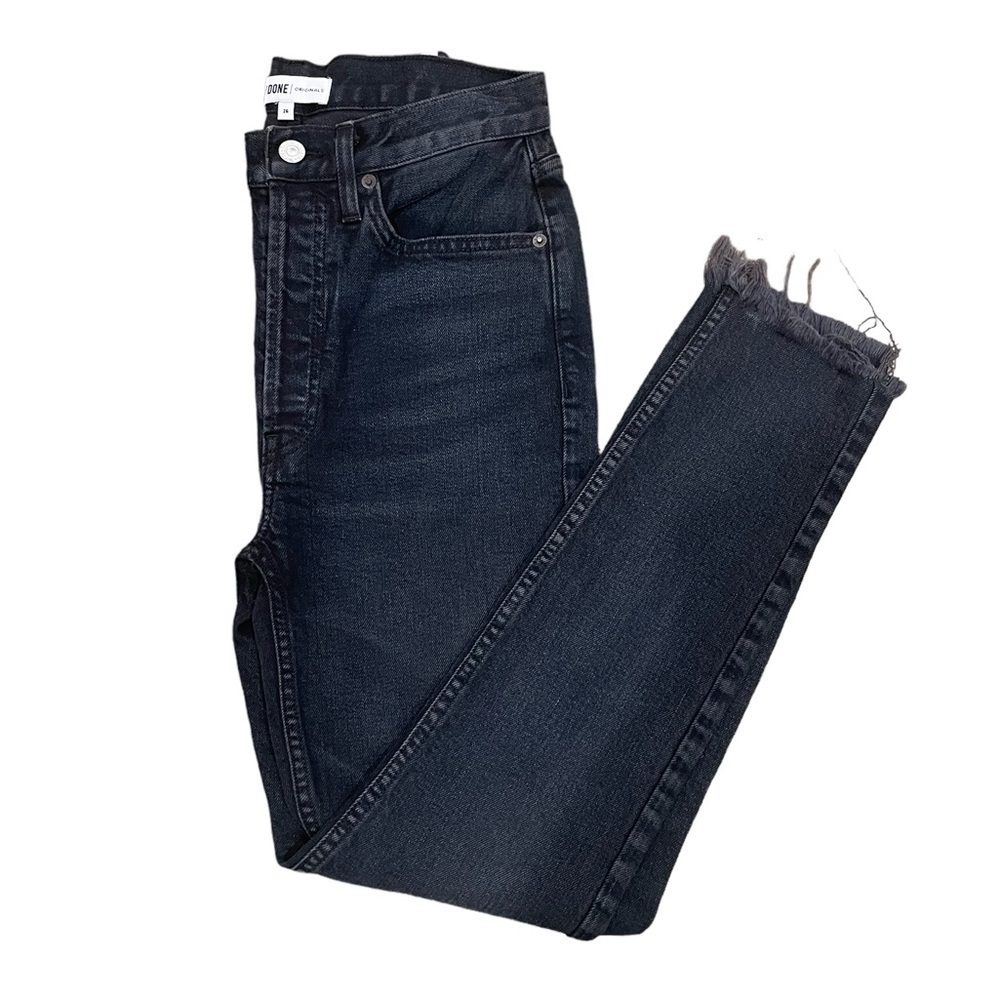 Re/Done Originals High Rise Ankle Crop Raw Hem Black Wash Jeans